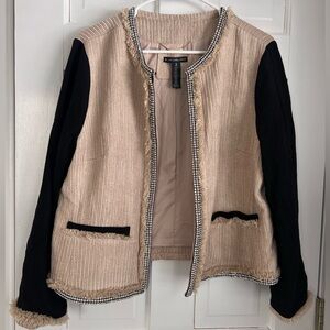 Black Label by Chico’s Beige Open-Front rhinestone trimJacket with Black Sleeves